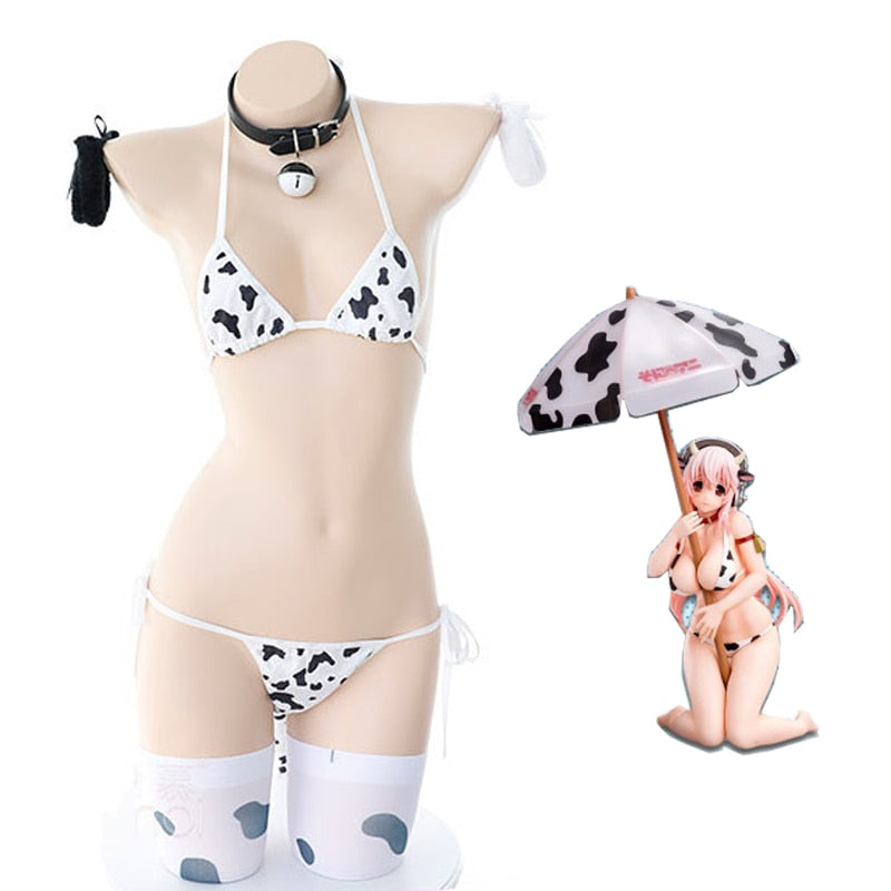 Anime Super Sonico Cow Cosplay Costume Lolita Girl Cute Bikini Suit Underwear Sexy Bra and Panty Lingerie Set Stockings