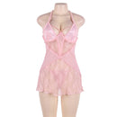 Large Sizes Women Transparent Baby Doll Sexy Lingerie Halter Pink Sleeveless Lace Floral Sexy Outfit Hot Erotic Dress RS80464