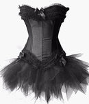 New Sexy Gothic Satin Lingerie Lace Corset Top + G-string + Skirt Bustier Mini Tutu Wedding Dress Costume Black Corset S-6XL