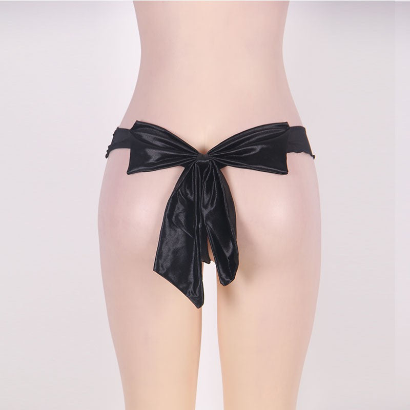 PS5082 Lolita Style Sexy Mesh Big Bow Ruffled Thong Plus Size Vagina Panty Solid Ladies Underwear 2016 Cute Erotic Vagina Panty