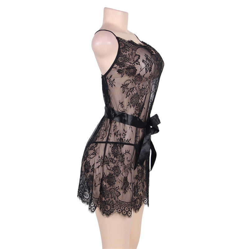RS80455 Camisola Sexy Lingerie Sheer Lace Nightdress M L Woman Spaghetti Strap Thin See Though Above Knee Black Lace Nightgown