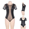 Bodysuit Plus Size Leather Stitching Short Sleeve Woman Body Top O Neck Sexy Striped Black Body Suit Salopette Femme RS80642