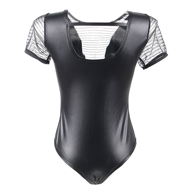 Bodysuit Plus Size Leather Stitching Short Sleeve Woman Body Top O Neck Sexy Striped Black Body Suit Salopette Femme RS80642