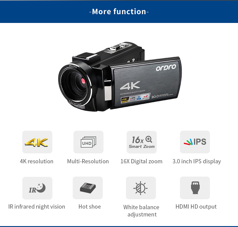 Ordro WIFI AE8 Vlog Camera Full HD Touch Screen 4K Video Kamera Digital IR Night Vision Camera Fotografica Profesional Camcorder