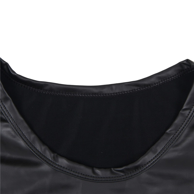 Men's O Neck Black Faux Leather T-shirt Solid Plus Size Muscle Sleeve Vest Fitness Undershirt Lingerie Top S M L XL 2XL MPS075