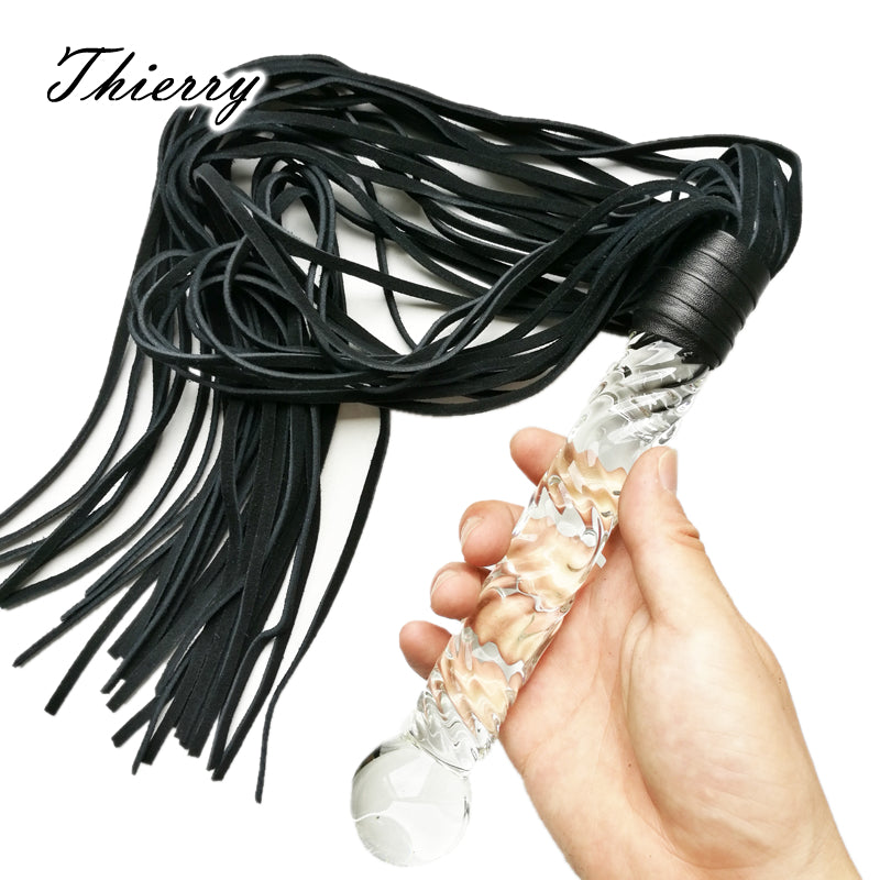 Thierry 68CM Genuine leather Whip, 22cm glass dildo anal plug, flogger Spanking Bondage Slave Fetish Sex Toys couples Adult Game
