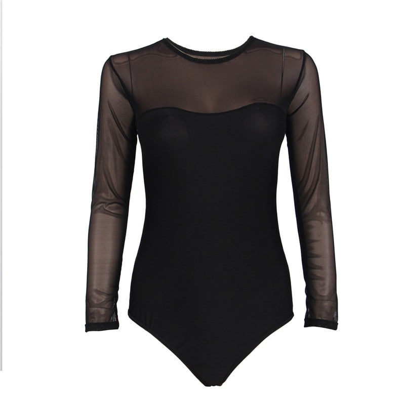 Long Sleeve Bodysuit Black Mesh Body Mujer Women Romper Plus Size Transparent Sexy Lace Bodysuit Casual O Neck Jumpsuits RS8037