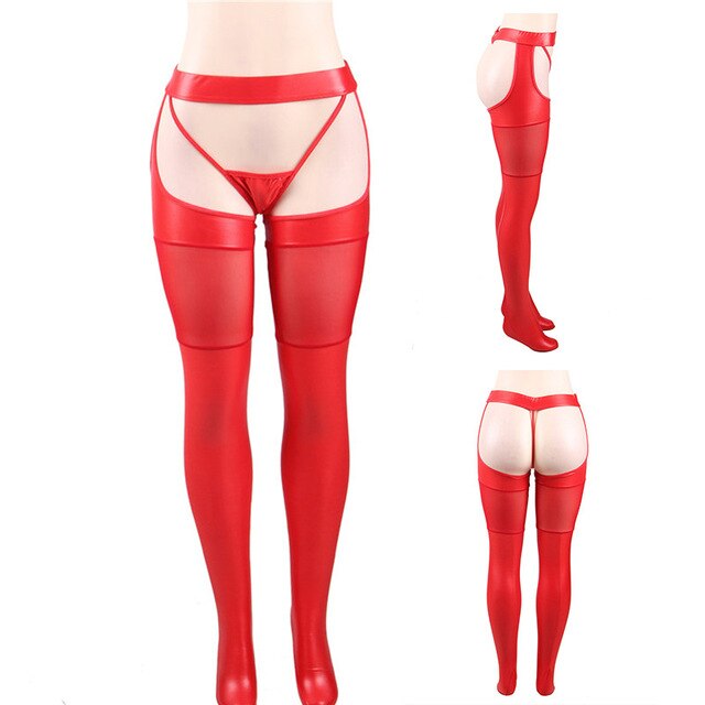 Black Faux Leather Stockings With Garter Belt Thigh High Long Red Open Crotch Sexy Stockings Women Nylon Stockings RS80565