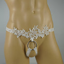 Men's laced Floral Crotchless Sissy Panties Thong With Metal Cock Ring - One Size (White & Black)