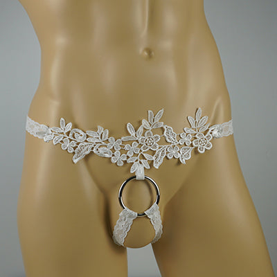 Men's laced Floral Crotchless Sissy Panties Thong With Metal Cock Ring - One Size (White & Black)