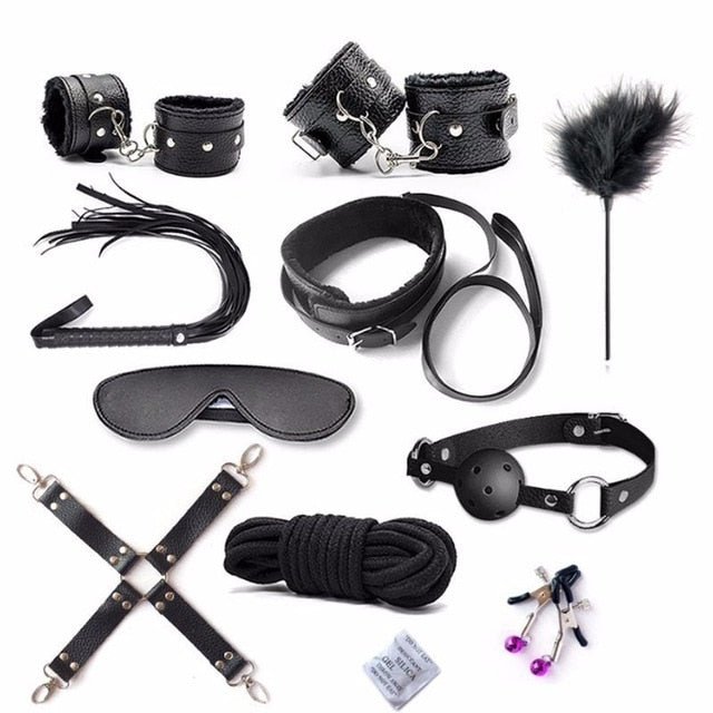 10 Pcs Bondage Sets With Handcuffs Whip Rope And More...