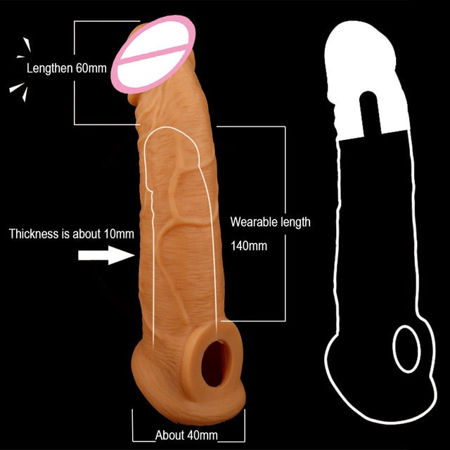 195mm Liquid Silicone Reusable Penis Sleeve Extender Male Cock Enlarge Condoms For Men Dildo Enhancer Delay Ejaculation With Box