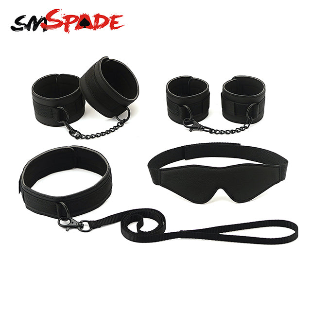 SMSPADE 4pcs Bondage Kit Leather Wrist & Ankle Cuffs Set with Feather Tickler Whip Sex Toys for Couples Adult Games
