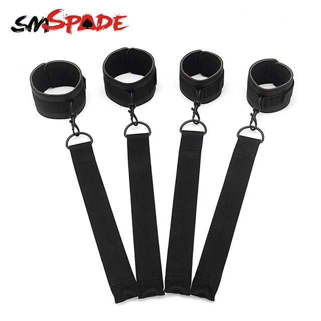 SMSPADE 4pcs Bondage Kit Leather Wrist & Ankle Cuffs Set with Feather Tickler Whip Sex Toys for Couples Adult Games