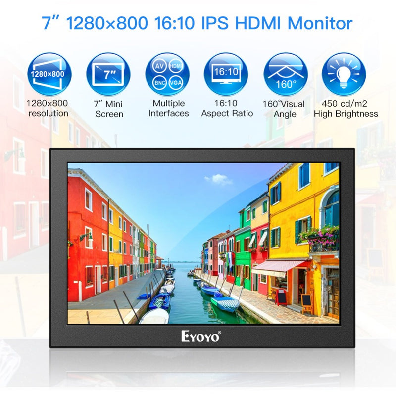 Eyoyo EM07H 7" IPS HDMI CCTV Monitor 1280x800 72% NTSC Computer TV Display LCD Screen High brightness BNC Security With VGA AV
