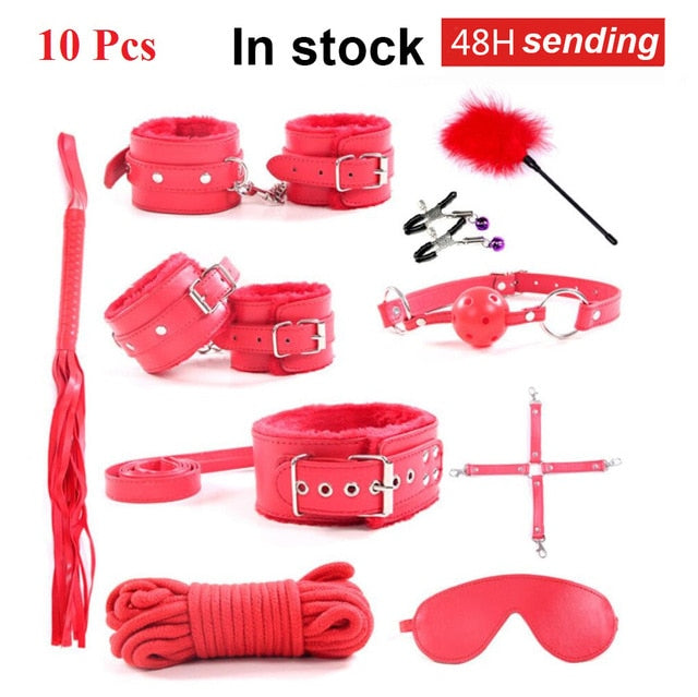 Sex Products Erotic Toys Bdsm Bondage Set Handcuffs Nipple Clamps Gag Whip Rope Sex Toys For Adults Couples 10 Pcs