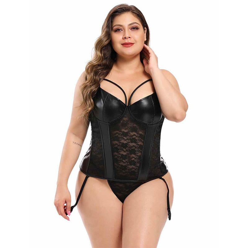 Lace Women Body Shaper Bustier Plus Size Leather Stitching Sexy Corset Mujer Spaghetti Strap Floral Espartilho Hollow Out AS3447