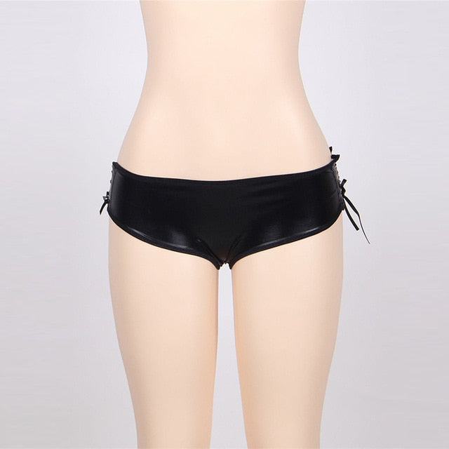 Women Sexy Panties Lingerie Lace Up Strappy Culotte Femme Open Back Underwear Black Solid Faux Leather Plus Size Knickers PS5125