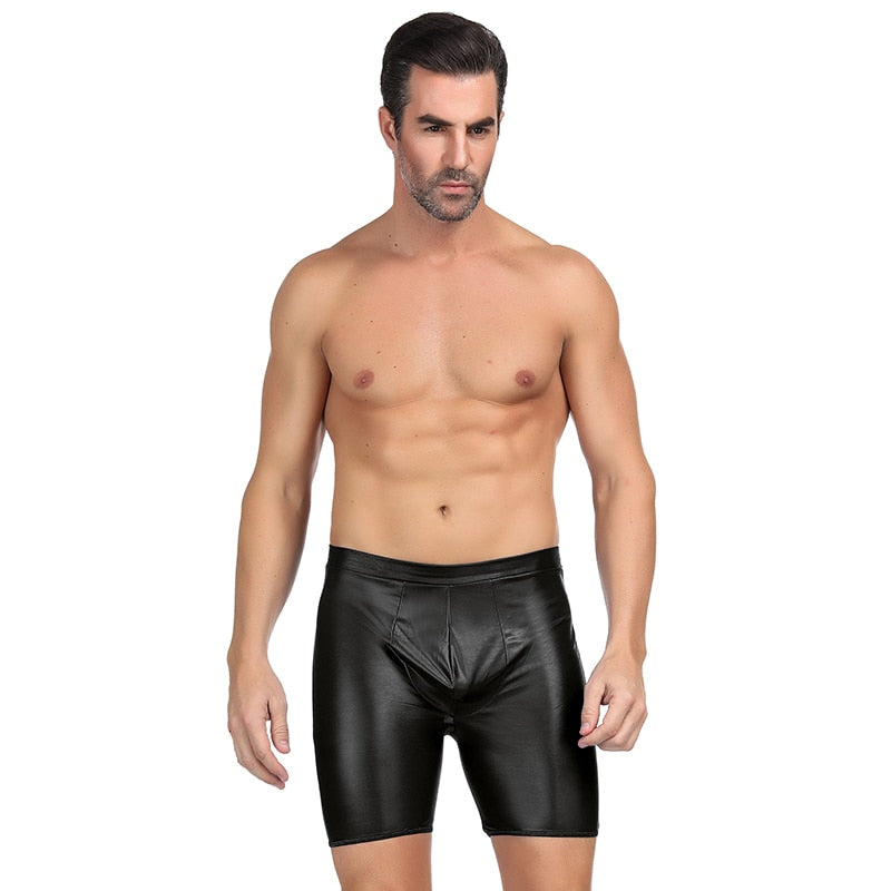 Boxer Homme Sexy Gay With Exposed Hips High Waist Solid Faux Leather Boxershorts Men Underwear Plus Size Cuecas Boxer MPS064