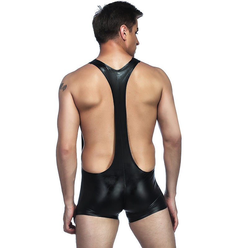 Body Erotic Faux Leather PU Black One-Piece Bodysuit Open Bust Sleeveless Wrestling Men Bodysuit Lingerie Sexy Costumes MPS001