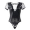 Sexy Leather Stitching Body Suits For Women Black Striped Short Sleeve O Neck Club Wear Body For Women Sexy Clothes RS80642