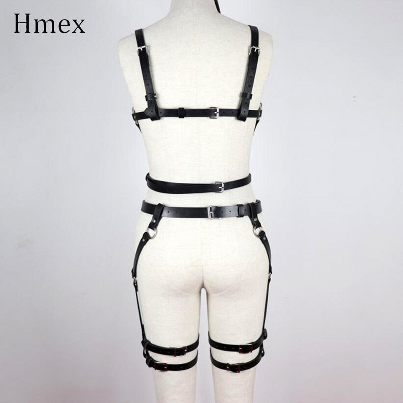 HMEX Leather Harness Underwear Set Goth Garter Belts Women Straps Bra Garter Sexy Body Belts Waist To Leg Bondage Cage