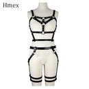HMEX Leather Harness Underwear Set Goth Garter Belts Women Straps Bra Garter Sexy Body Belts Waist To Leg Bondage Cage