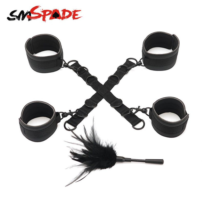 Smspade 4pcs Bondage Kit Leather Wrist & Ankle Cuffs Set with Feather Tickler Whip Sex Toys for Couples Adult Games