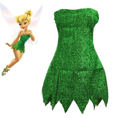 2019 New Pixie Fairy Cosplay Costume Tinker Bell Green adult Dress Tinkerbell Halloween Party Sexy Cosplay Mini Dresses With Wig